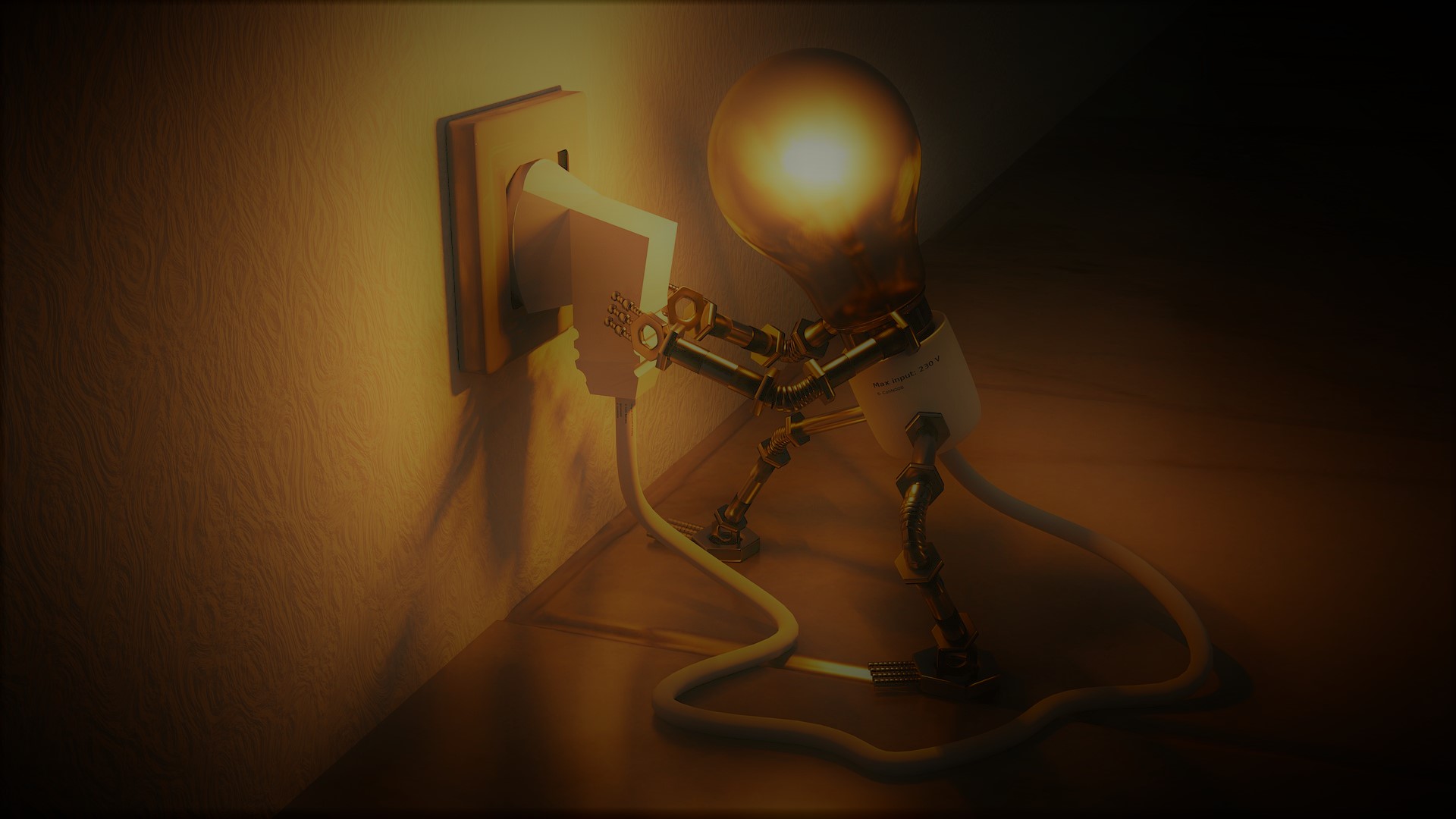 A lightbulb robot plugging itself into an outlet.